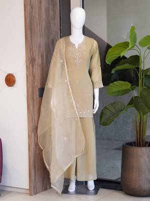 Beige cosmos with sequin work kurta with palazzo dupatta set 4