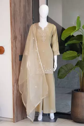 Beige cosmos with sequin work kurta with palazzo dupatta set