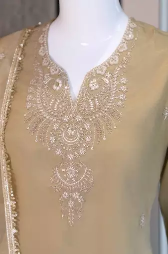 Beige cosmos with sequin work kurta with palazzo dupatta set