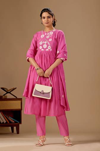 Pink embroidered mul cotton kurta pant dupatta set