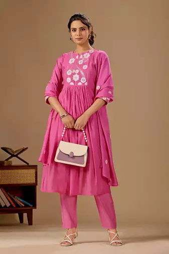 Pink embroidered mul cotton kurta pant dupatta set