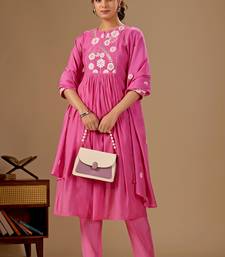 Pink embroidered mul cotton kurta pant dupatta set
