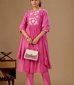 Pink embroidered mul cotton kurta pant dupatta set