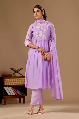 Purple embroidered mul cotton kurta pant dupatta set