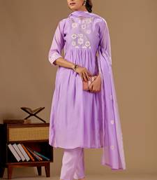 Purple embroidered mul cotton kurta pant dupatta set