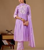 Purple embroidered mul cotton kurta pant dupatta set