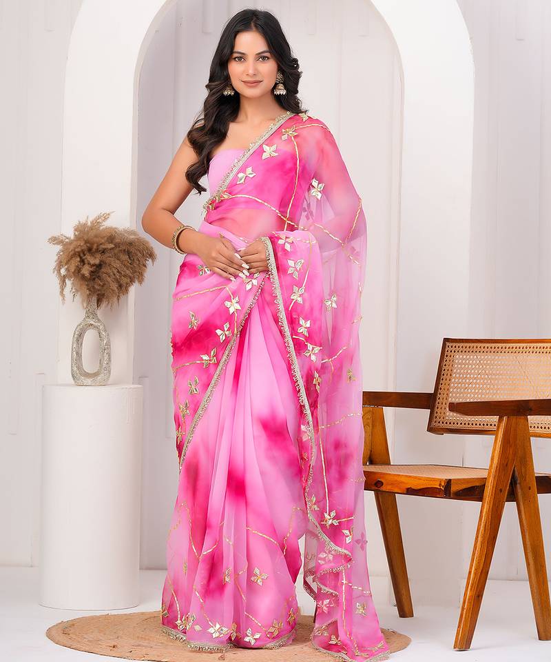 Pink shaded georgette saree with gota patti jaal work
