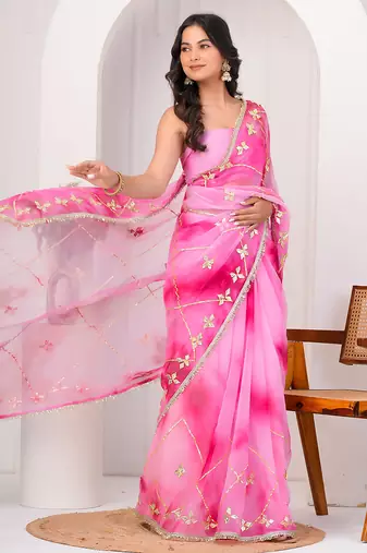 Pink shaded georgette saree with gota patti jaal work