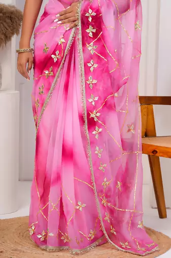 Pink shaded georgette saree with gota patti jaal work