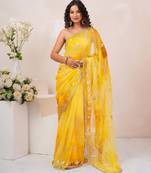 Yellow shaded georgette saree with gota patti jaal work