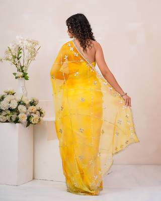 Yellow shaded georgette saree with gota patti jaal work 2