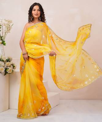 Yellow shaded georgette saree with gota patti jaal work 3