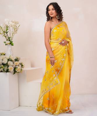 Yellow shaded georgette saree with gota patti jaal work 4