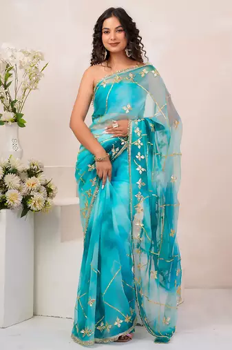 Turquoise blue shaded georgette saree with gota patti jaal work