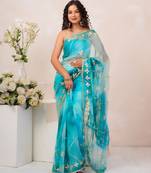 Turquoise blue shaded georgette saree with gota patti jaal work