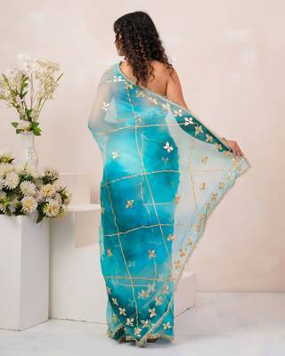 Turquoise blue shaded georgette saree with gota patti jaal work 2