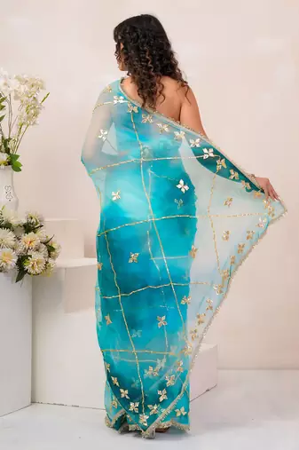 Turquoise blue shaded georgette saree with gota patti jaal work