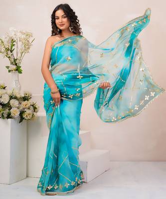 Turquoise blue shaded georgette saree with gota patti jaal work 3