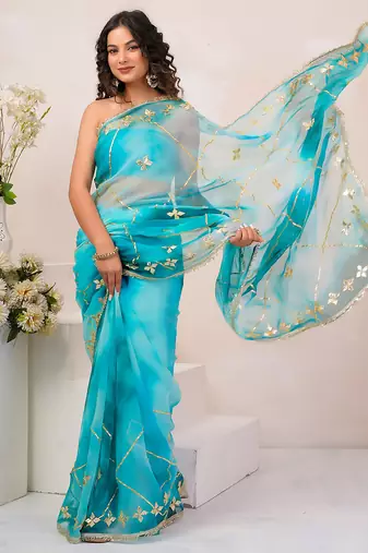 Turquoise blue shaded georgette saree with gota patti jaal work