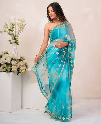 Turquoise blue shaded georgette saree with gota patti jaal work 4