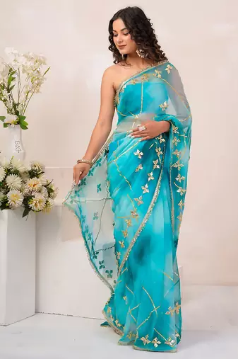 Turquoise blue shaded georgette saree with gota patti jaal work