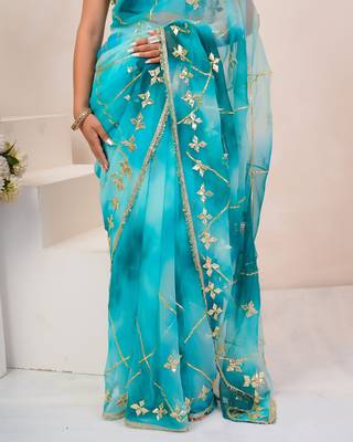 Turquoise blue shaded georgette saree with gota patti jaal work 5