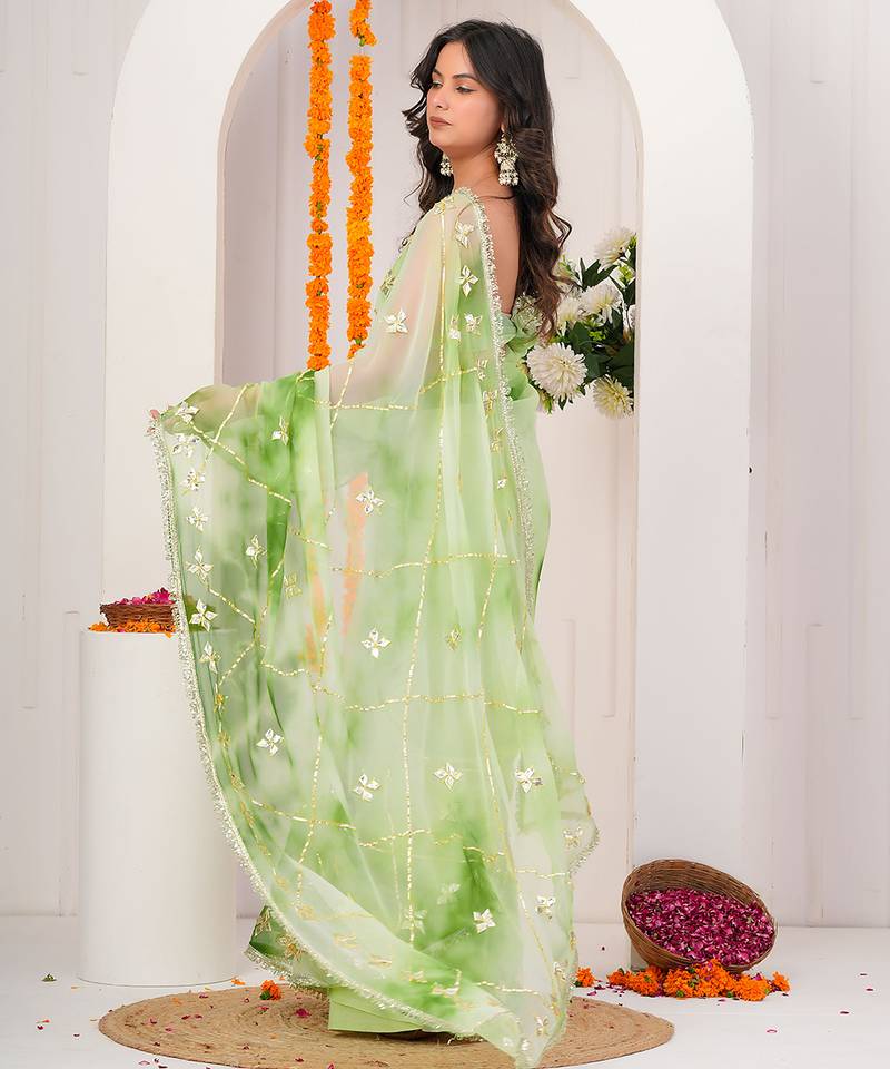 Green shaded georgette saree with gota patti jaal work