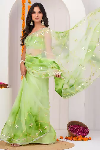 Green shaded georgette saree with gota patti jaal work