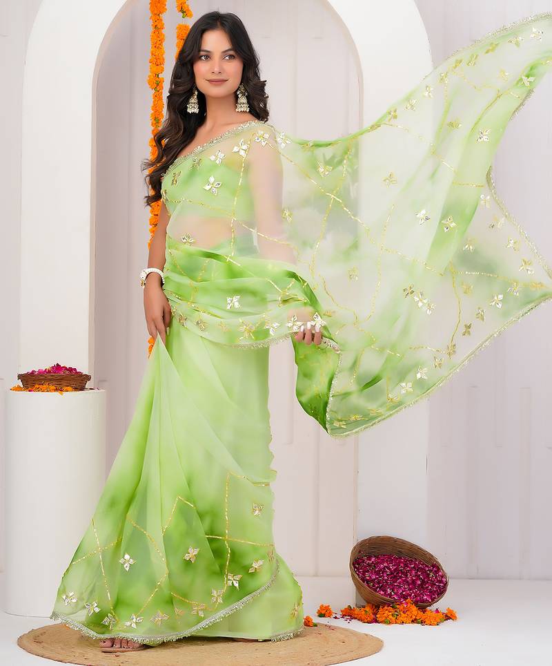 Green shaded georgette saree with gota patti jaal work