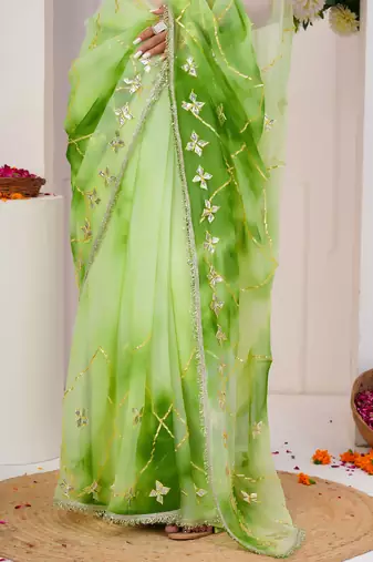 Green shaded georgette saree with gota patti jaal work
