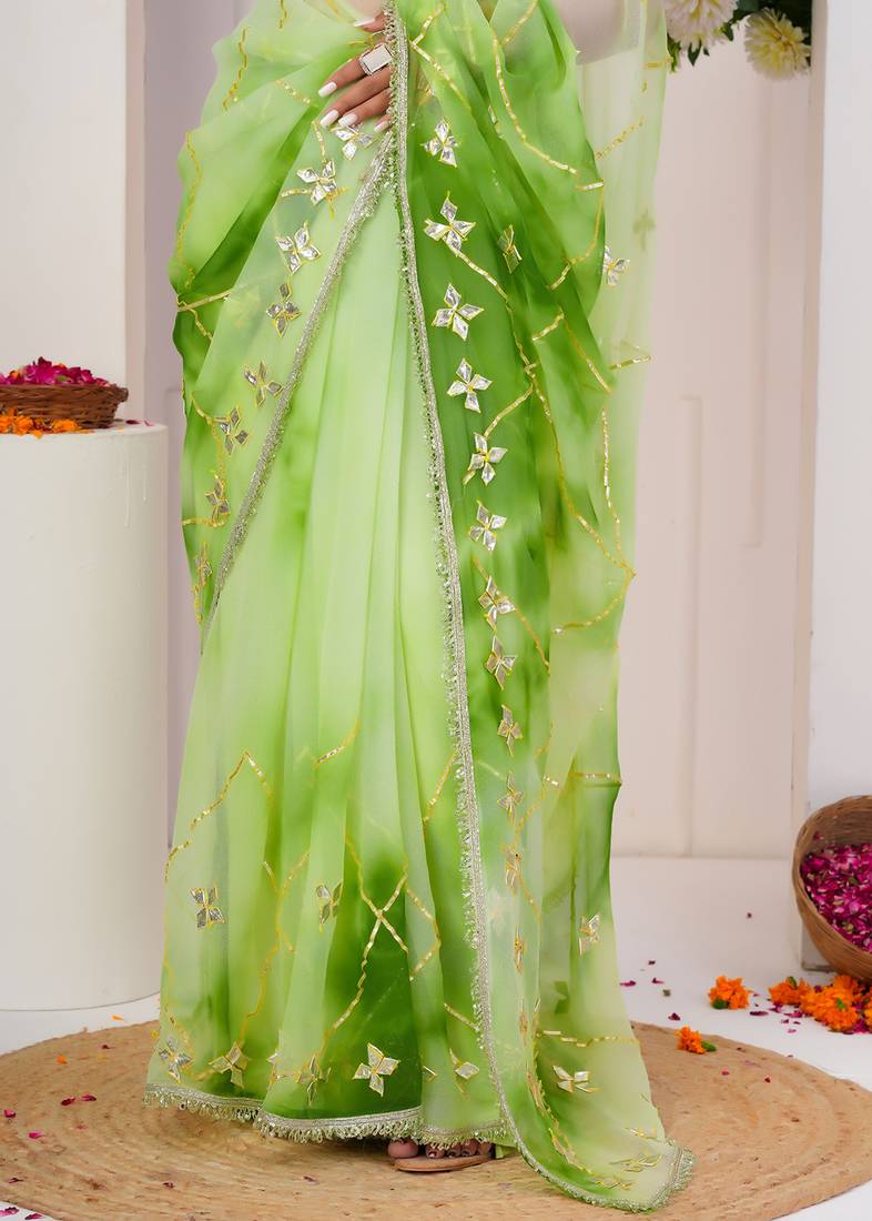Green shaded georgette saree with gota patti jaal work