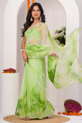 Green shaded georgette saree with gota patti jaal work