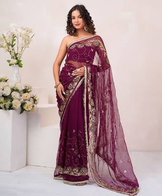 Wine georgette saree with aari & sequins work 1