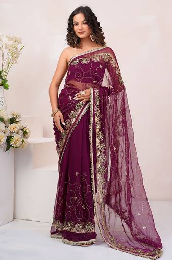 Wine georgette saree with aari & sequins work