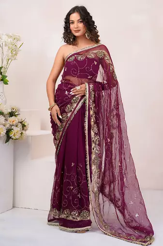 Wine georgette saree with aari & sequins work