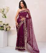 Wine georgette saree with aari & sequins work