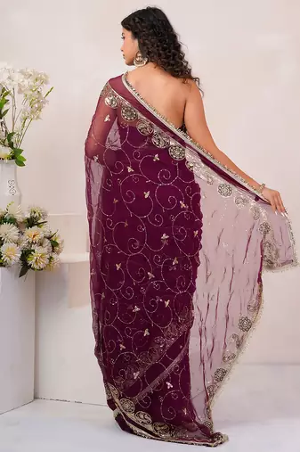 Wine georgette saree with aari & sequins work