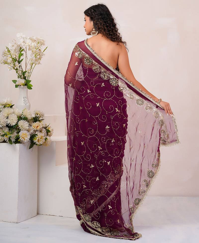 Wine georgette saree with aari & sequins work