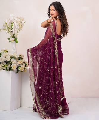 Wine georgette saree with aari & sequins work 3