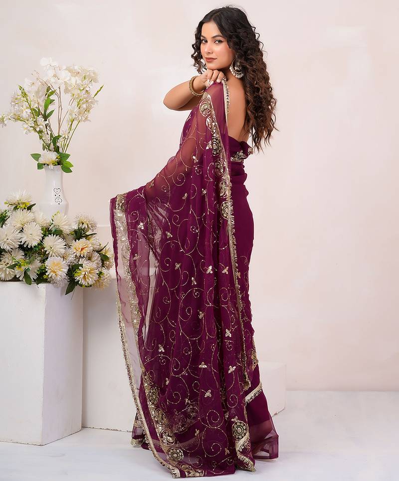 Wine georgette saree with aari & sequins work