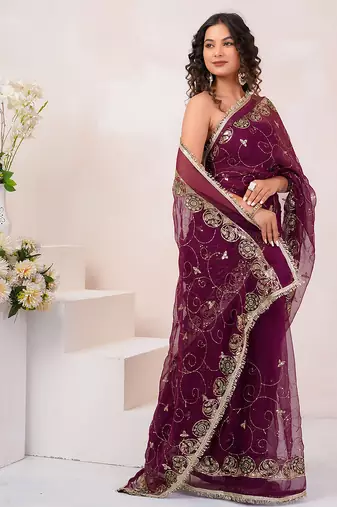 Wine georgette saree with aari & sequins work