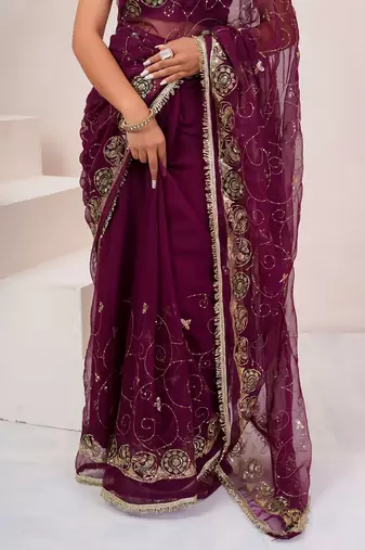 Wine georgette saree with aari & sequins work