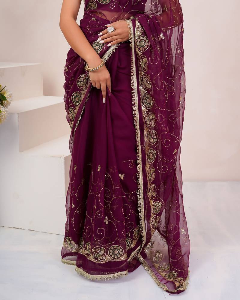 Wine georgette saree with aari & sequins work