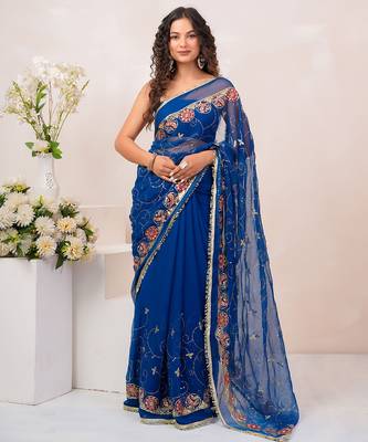 Blue georgette saree with aari & sequins work 1