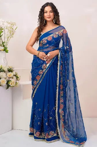 Blue georgette saree with aari & sequins work