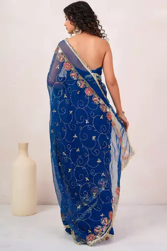 Blue georgette saree with aari & sequins work