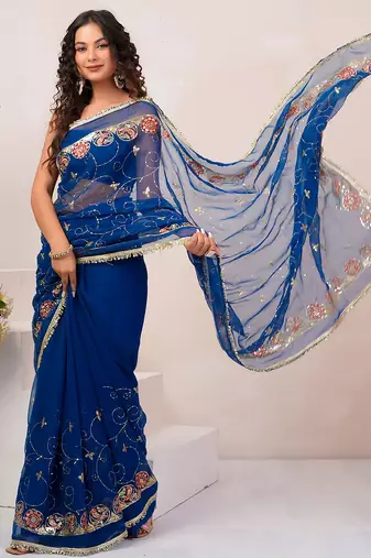Blue georgette saree with aari & sequins work
