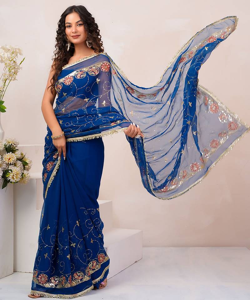 Blue georgette saree with aari & sequins work