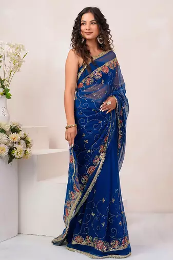 Blue georgette saree with aari & sequins work