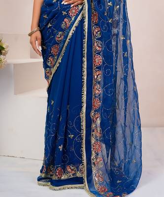 Blue georgette saree with aari & sequins work 5